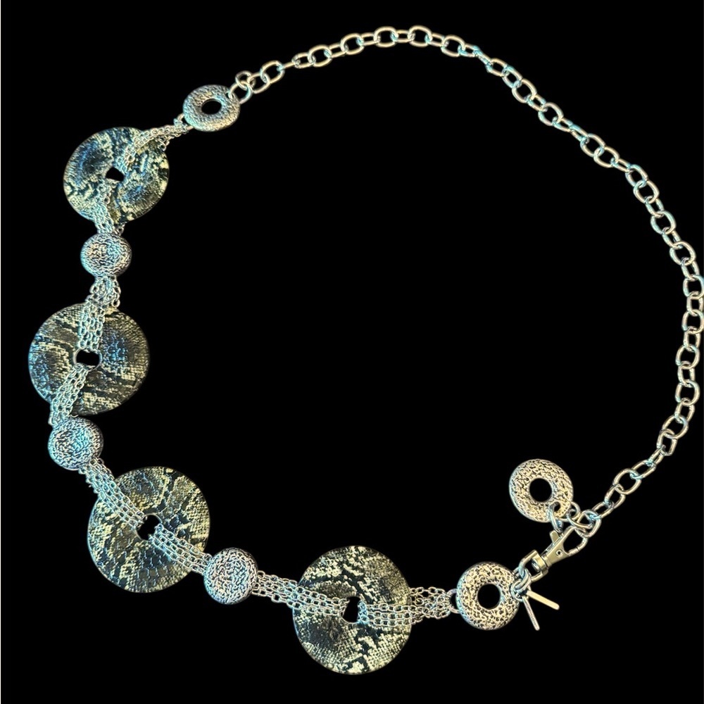 Chico's Silver Chain Snakeskin Statement Belt with Textured Discs